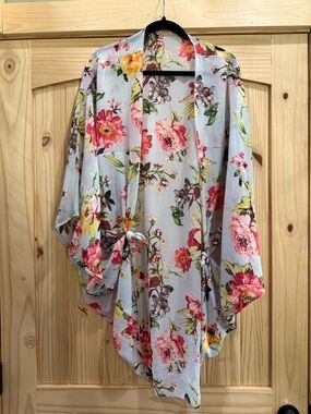 Floral Open-Front Kimono Cardigan - Light Blue with Pink Floral Print